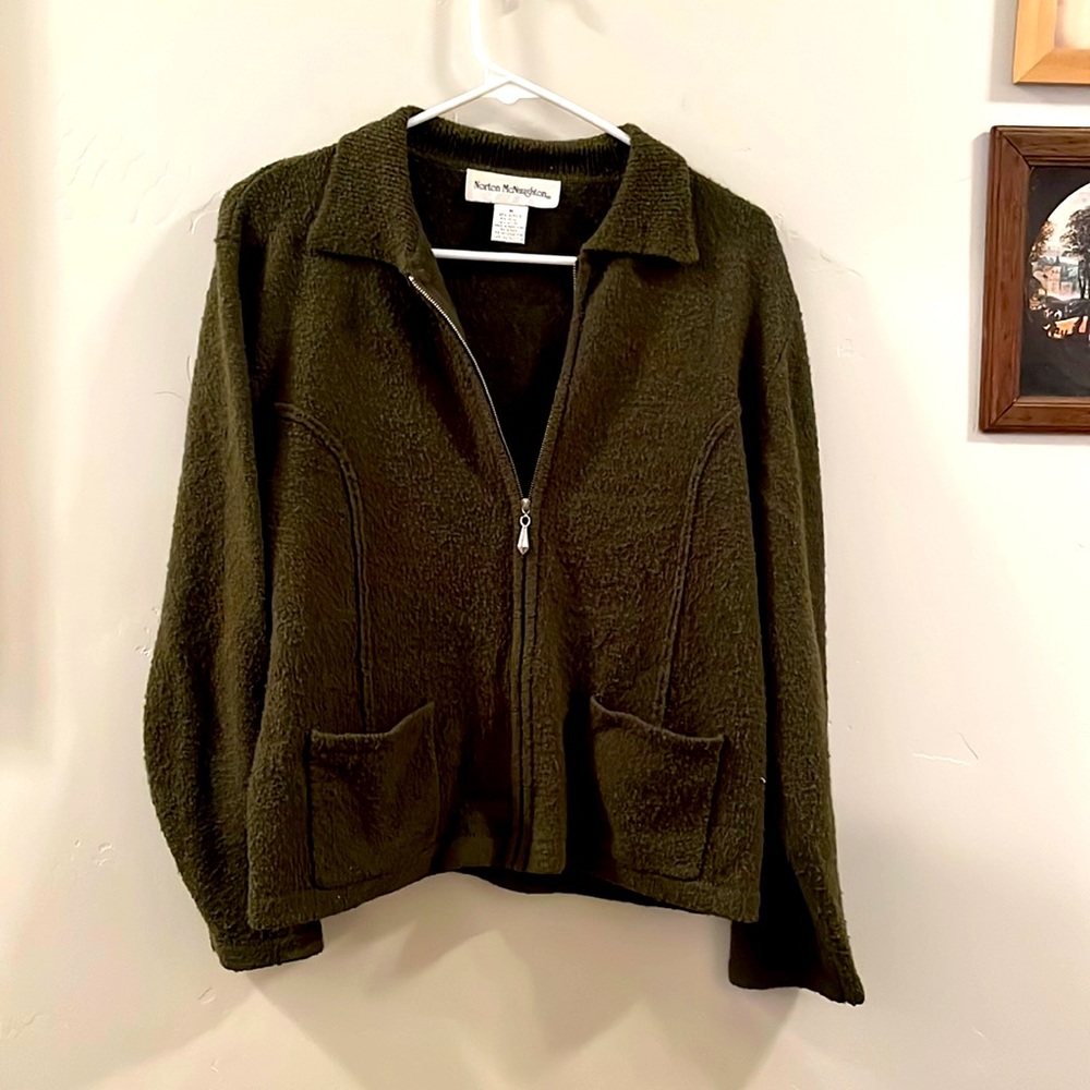 Women’s Long Sleeved Sweater, Olive Green, Zips up, Size Medium